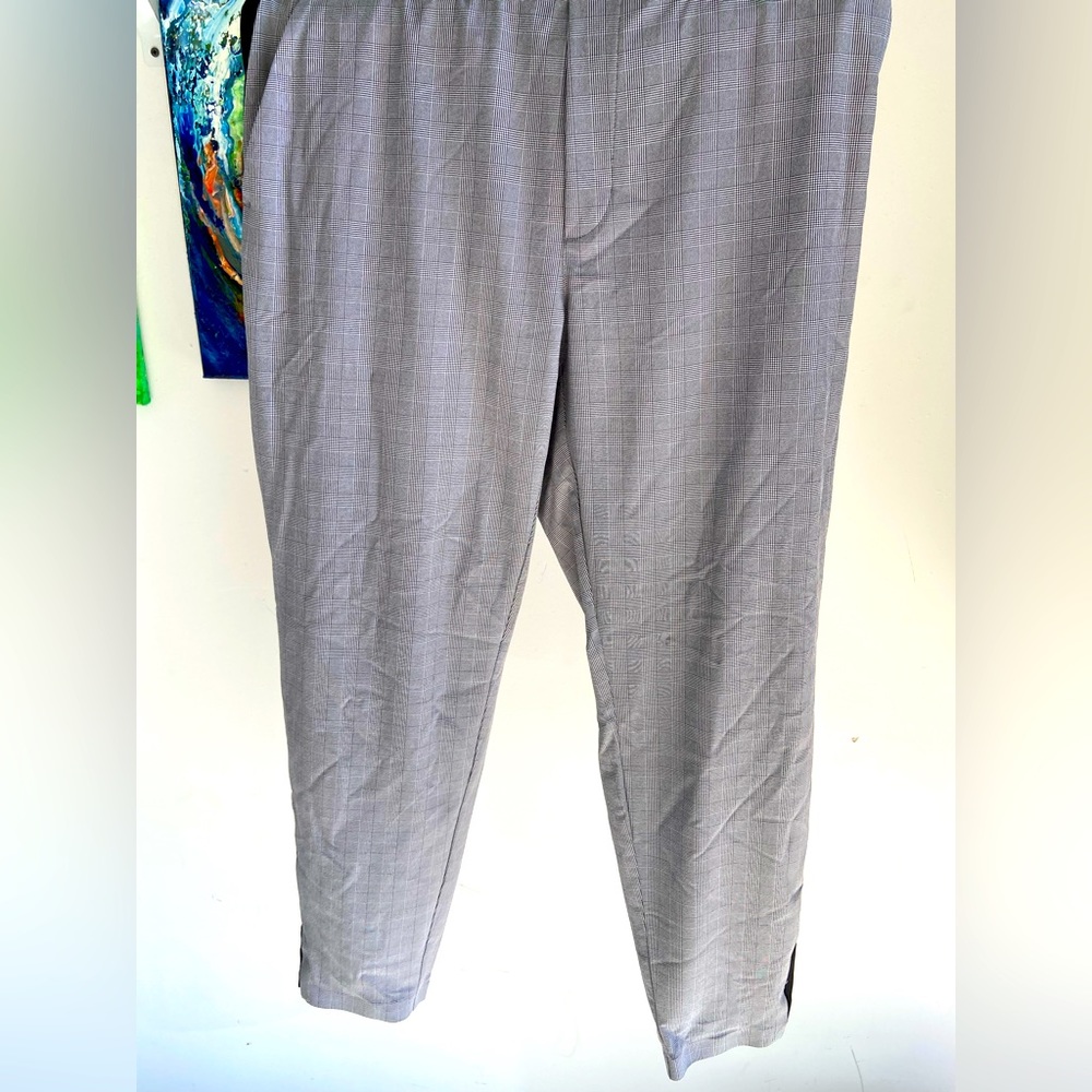 Athleta Brooklyn black and white plaid and black stripe ankle pant